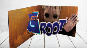 My final concept. "We are a great team" on the outside, which opens up with a spinning G and Groot's hand waving, saying "We Are Groot"